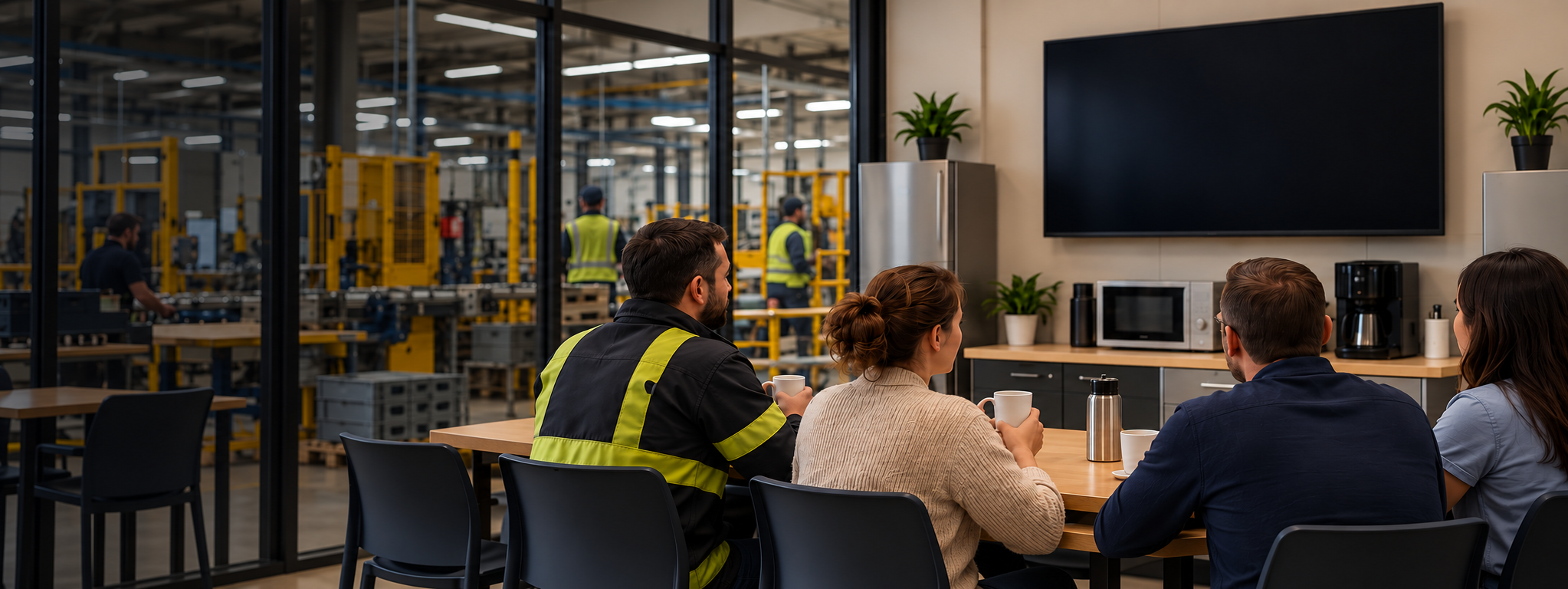 Salariés en pause dans un espace collectif attenant à un site industriel